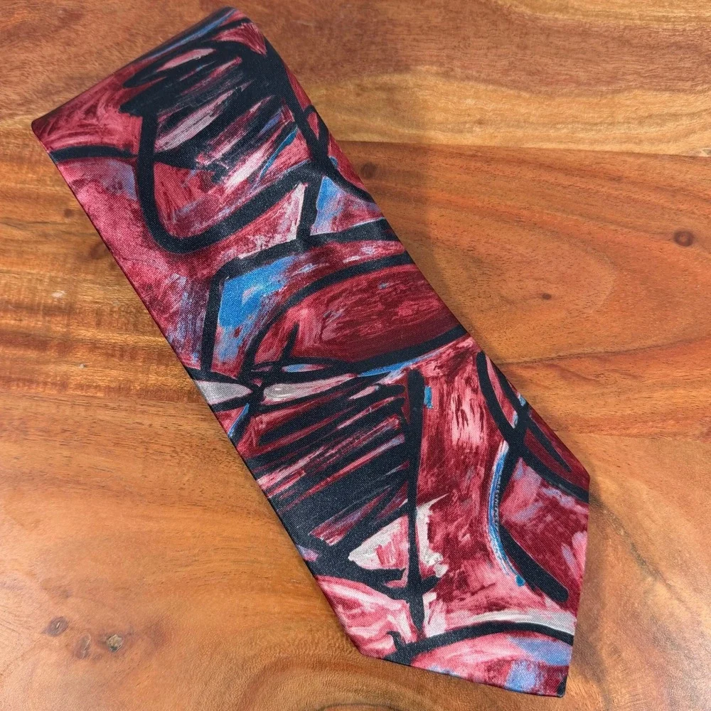 Pierre Cardin Men's Abstract Print Silk‎ Necktie Red Blue Black Pattern